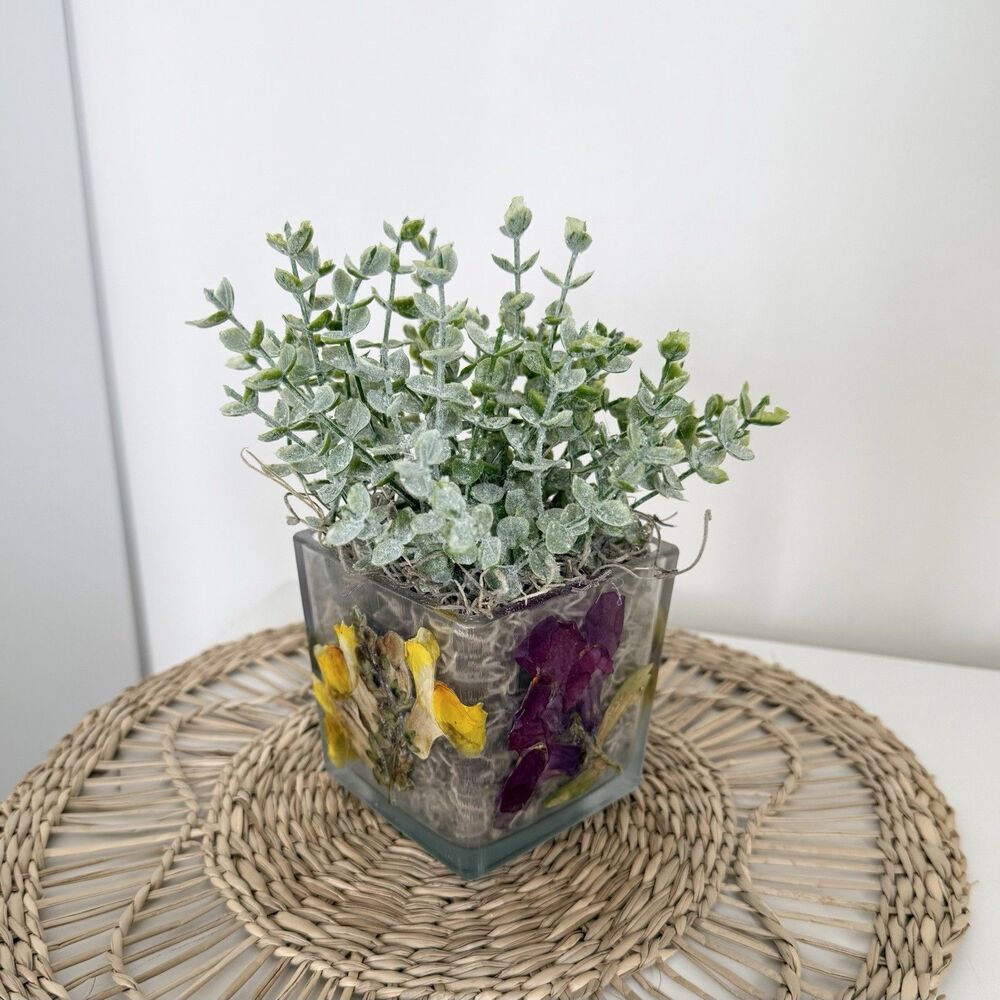 Handmade Faux Green Plant Arrangement In Dried Flower Glass Planter